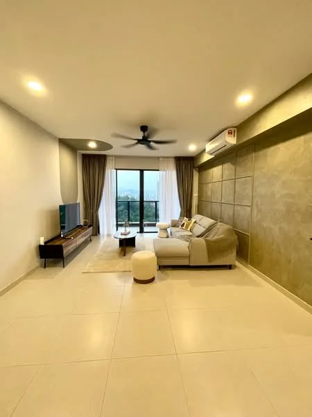 Living features: cream painted walls, exposed concrete accent wall, large floor-to-ceiling windows, sliding glass door, beige fabric sofa, coffee table, TV console, wall-mounted TV, area rug, 5-blade ceiling fan with light, recessed LED downlights, curtains, tile flooring; style: modern; view: city.