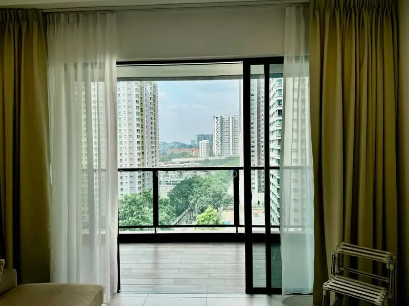 Room features: floor-to-ceiling sliding glass door, sheer curtains, balcony view of city skyline, light-coloured walls, tile flooring, balcony railing, greenery visible outside, curtains in beige, natural light from large windows; style: modern; view: city.