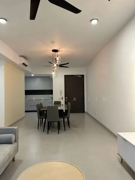 Dining features: 4-seater dining table, upholstered dining chairs, pendant lighting with multiple bulbs, ceiling fan, light grey walls, neutral tile flooring, open layout to kitchen, wall-mounted air conditioning unit; style: modern. Living features: 2-seater fabric sofa in light grey, coffee table, TV console, wall-mounted TV, decorative wall art; style: modern.