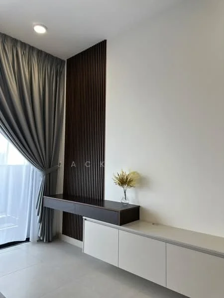 Room features: grey curtains, floor-to-ceiling window, wooden feature wall, white painted walls, light grey tile flooring, built-in cabinetry, decorative vase with dried flowers, minimalist design; style: modern.