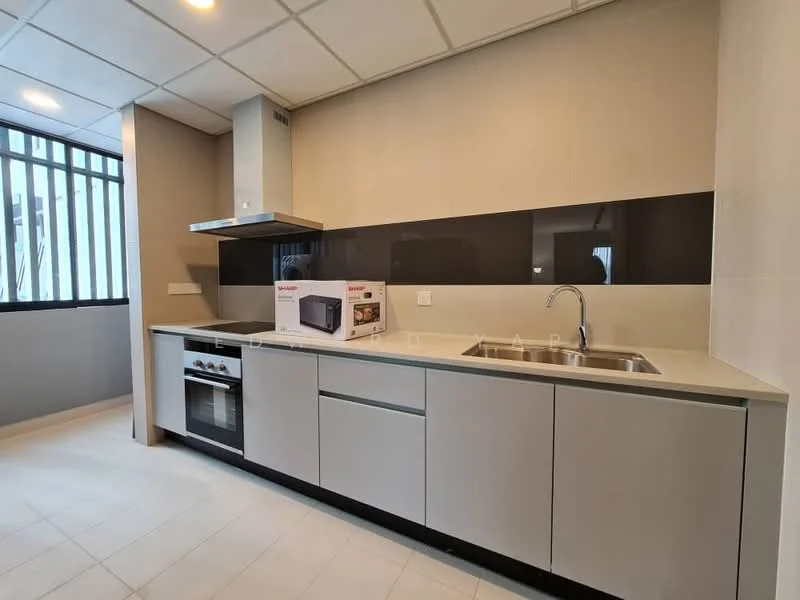 Kitchen features: grey cabinetry, white countertop, double-bowl stainless-steel sink, chrome pull-down faucet, built-in oven, freestanding range oven, microwave, exhaust hood, tile backsplash, white tiled flooring, recessed downlights, floor-to-ceiling windows, black accent wall; style: modern.