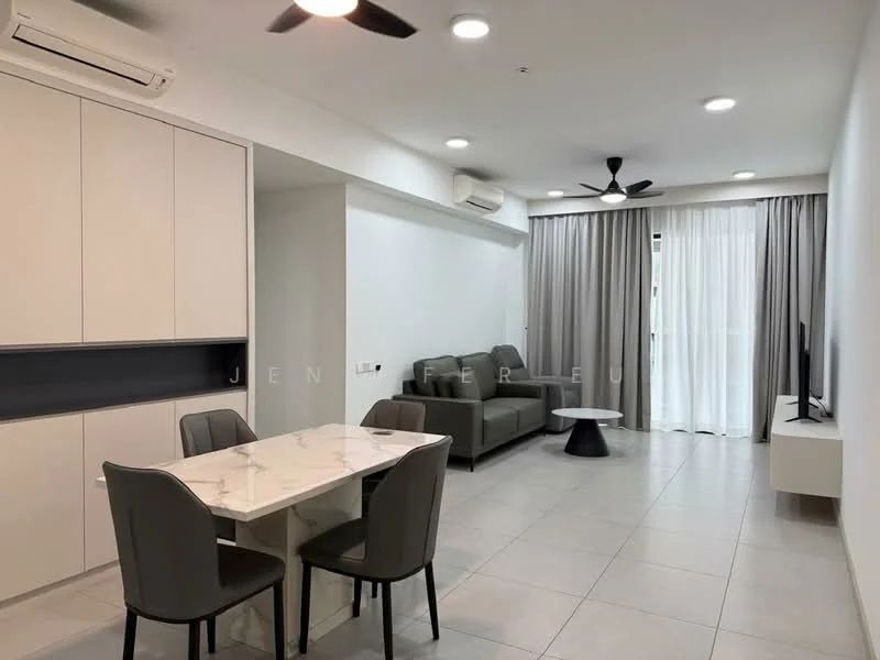 Living features: 3-seater fabric sofa in grey, coffee table, wall-mounted TV, dining table with marble top, 4 upholstered dining chairs, floor-to-ceiling windows with sheer curtains, recessed LED downlights, ceiling fan, light grey tiled flooring, white painted walls, built-in cabinetry with white finish; style: modern.