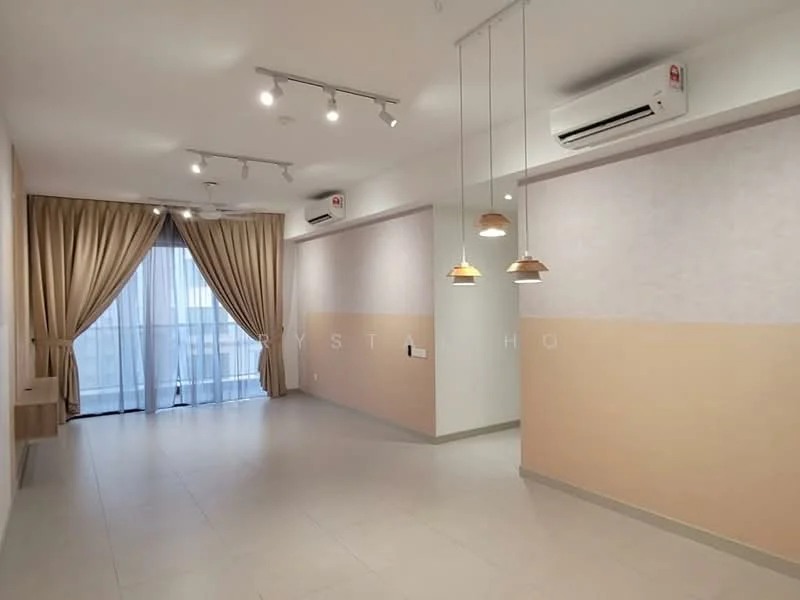Living features: light grey painted walls, cream painted accent wall, floor-to-ceiling windows, sheer curtains, 2 wall-mounted split AC units, recessed LED downlights, 3 pendant lamps, tile flooring, open layout, decorative wall panel, neutral color palette; style: modern; view: city.
