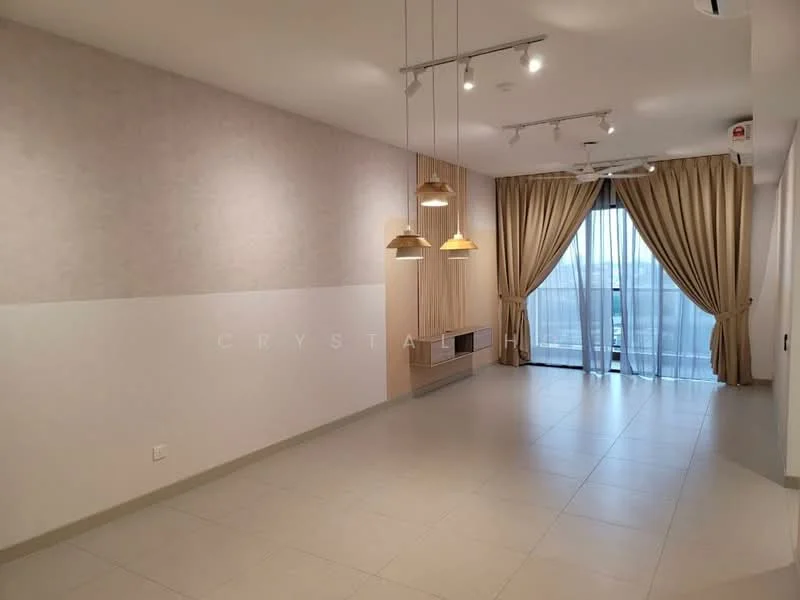 Living features: light grey painted walls, white lower wall, large floor-to-ceiling windows, sheer curtains, 5-blade ceiling fan with light, recessed downlights, hanging pendant lights, neutral tile flooring, built-in wall unit, open layout; style: modern; view: city.