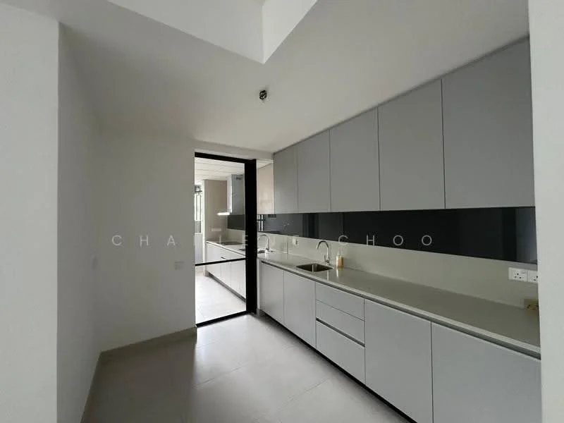 Kitchen features: grey cabinetry, black backsplash, white countertop, single-bowl stainless-steel sink, chrome pull-down faucet, built-in appliances, open layout, tile flooring, recessed downlights, floor-to-ceiling windows, sliding glass door; style: modern.