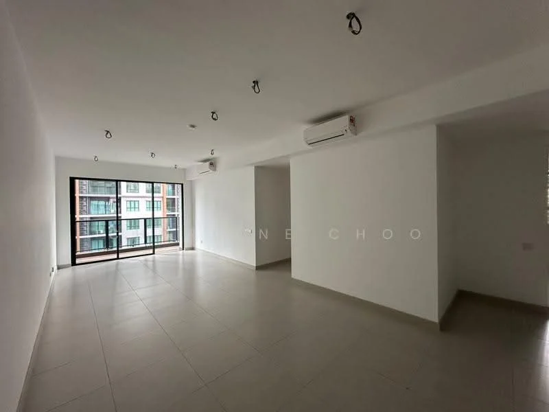 Room features: white painted walls, tile flooring, recessed downlights, 2 wall-mounted split ACs, floor-to-ceiling windows, sliding glass door, open layout, natural light from windows; style: modern.