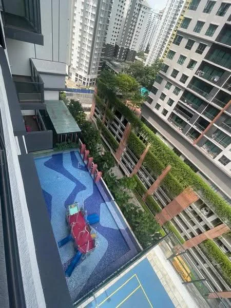 Exterior type: high-rise condominium; features: swimming pool with mosaic tiles, pool deck with loungers, landscaped garden with greenery, children's playground, basketball court, surrounding high-rise buildings, open-air parking area; style: modern.