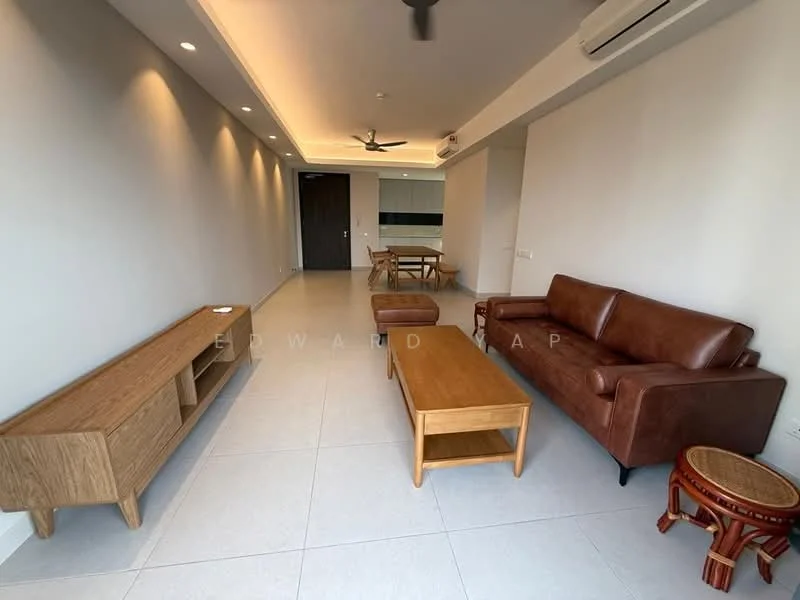 Living features: brown leather sofa, wooden coffee table, wooden TV console, ceiling fan, recessed downlights, light-colored tiled flooring, neutral painted walls, dining table with chairs visible in background; style: modern.