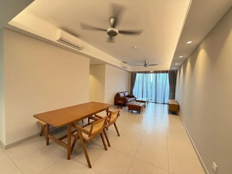 Living features: light-colored walls, tile flooring, 5-blade ceiling fan, recessed downlights, large glass sliding door, floor-to-ceiling windows, curtains, brown leather sofa, wooden dining table, 4 wooden chairs, side table, air conditioning unit; style: modern; view: city.