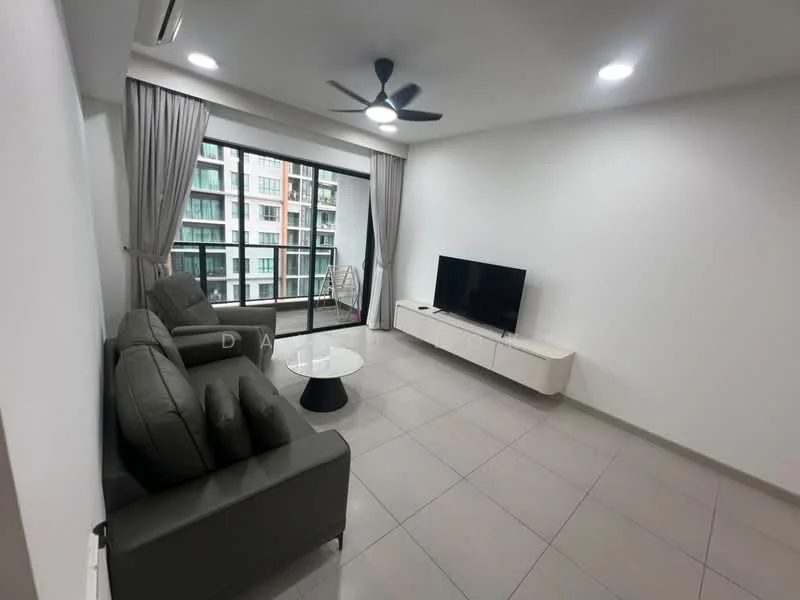 Living features: 3-seater fabric sofa in grey, coffee table with round top, wall-mounted TV, TV console in white, floor-to-ceiling windows, curtains in light grey, ceiling fan with light, recessed LED downlights, tile flooring in light grey, white painted walls; style: modern; view: city.