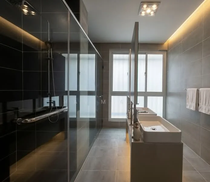 Bathroom features: double-sink vanity with rectangular white basins, chrome basin mixers, walk-in shower with glass enclosure, rain shower head, handheld shower, bathtub with chrome fixtures, grey tiled walls, light grey tiled flooring, recessed LED downlights, floor-to-ceiling windows with sheer curtains, towel racks, white towels; style: modern.