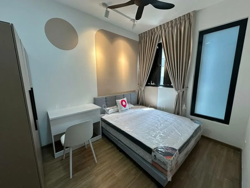 Bedroom features: queen-size bed, upholstered headboard, wooden flooring, white walls, curtains, floor-to-ceiling windows, ceiling fan, study desk, white chair, built-in wardrobe; style: modern.