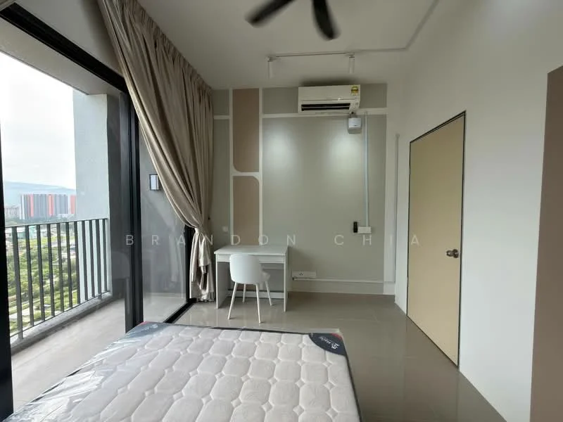 Bedroom features: queen-size bed, floor-to-ceiling windows, curtains, wall-mounted split AC, study desk, chair, light-colored walls, tile flooring, ceiling fan, balcony access; style: modern; view: city.