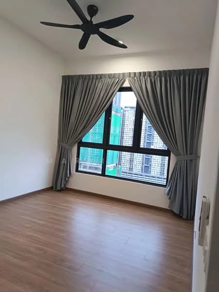 Room features: wooden flooring, white painted walls, floor-to-ceiling windows, grey curtains, 5-blade ceiling fan, city view; style: modern; view: city.