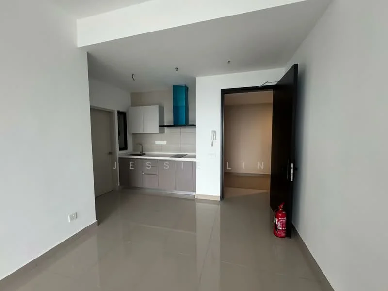 Kitchen features: white cabinets, grey lower cabinets, blue glass upper cabinets, white countertop, stainless-steel sink, single-bowl stainless-steel sink, built-in stove, ceramic tile flooring, recessed downlights, open layout, fire extinguisher, wall-mounted cabinet, open space to living area; style: modern. Room features: cream painted walls, grey tile flooring, doorway to hallway, doorway to bedroom, open space layout.