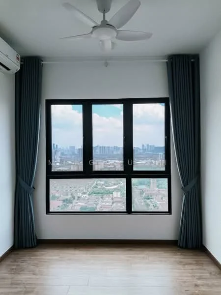 Room features: floor-to-ceiling windows, black window frames, grey curtains, wooden flooring, 1 ceiling fan, white painted walls, city skyline view; style: modern; view: city.