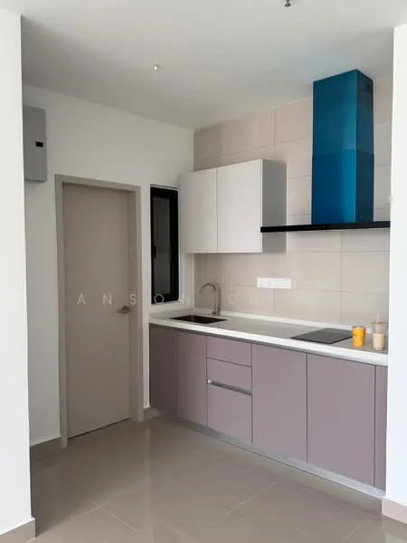 Kitchen features: grey lower cabinets, white upper cabinets, blue glass backsplash, stainless-steel sink, chrome faucet, built-in stove, countertop with integrated sink, tile flooring, wall-mounted electrical panel, single door leading to another room; style: modern.