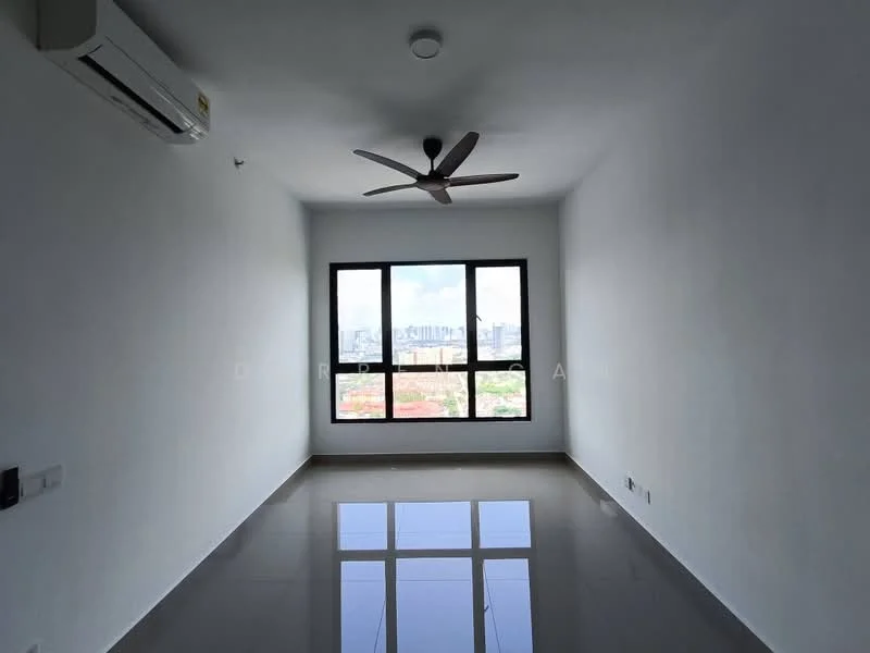 Room features: white painted walls, polished floor tiles, 5-blade ceiling fan with light, floor-to-ceiling windows, city skyline view, wall-mounted split AC; style: modern; view: city.
