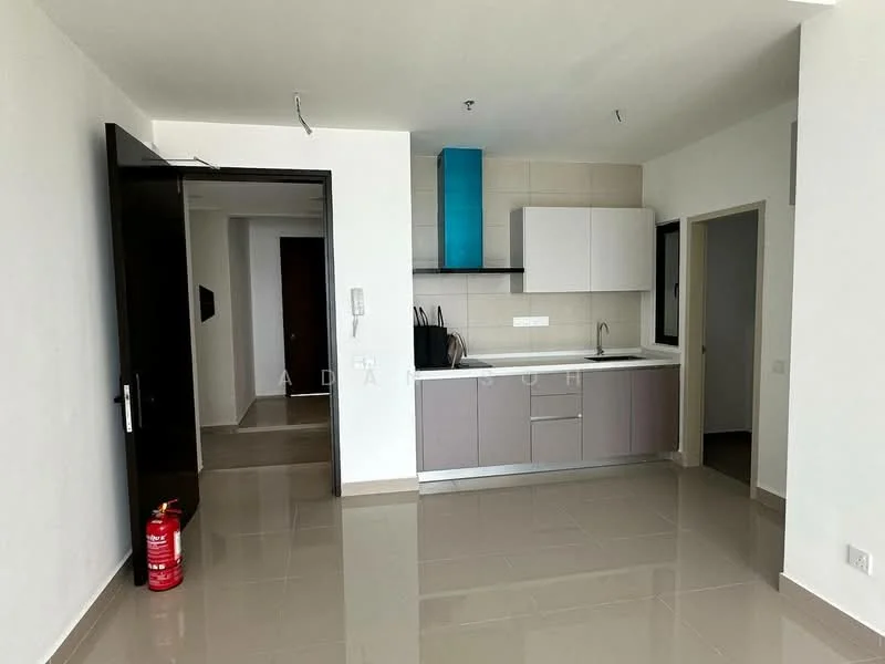 Kitchen features: white cabinetry, grey lower cabinets, stainless-steel sink, chrome pull-down faucet, white tiled backsplash, built-in oven, ceramic cooktop, refrigerator space, countertop with overhang, open layout, tile flooring, neutral wall color; style: modern. Room features: open space, neutral wall color, tile flooring.