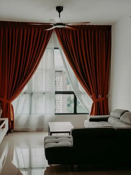 Living features: 3-seater fabric sofa in grey, coffee table, floor-to-ceiling windows, sheer curtains, heavy drapes in burnt orange, ceiling fan, polished tile flooring, decorative wall, natural light from windows; style: modern; view: city.