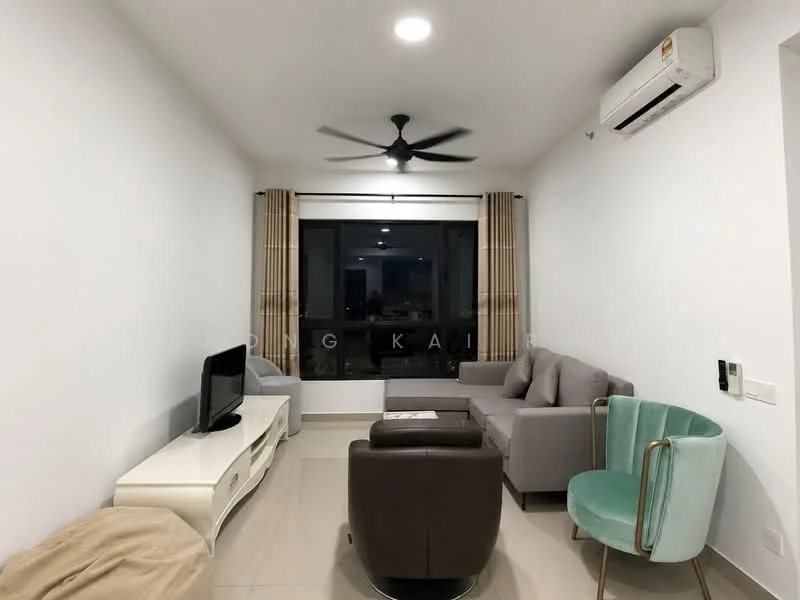 Living features: light grey fabric sofa, 2-seater sofa, single brown leather armchair, white TV console, wall-mounted TV, ceiling fan, recessed downlights, floor-to-ceiling windows, sheer curtains, cream tiled flooring, decorative green accent chair, neutral painted walls; style: modern.