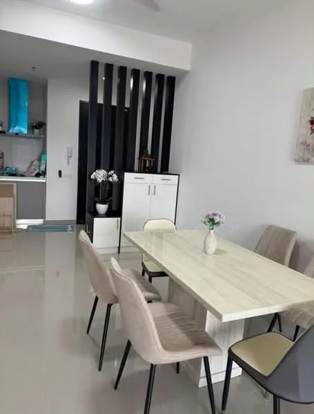 Dining features: rectangular dining table with marble top, 4 upholstered dining chairs in beige, white sideboard cabinet, decorative vase with flowers on table, wall-mounted artwork, light-colored tiled flooring, ceiling fan, wall with vertical slats; style: modern. Kitchen features: open kitchen layout, kitchen cabinets, kitchen countertop, kitchen appliances visible.