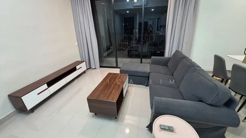 Living features: grey fabric L-shape sectional sofa, wood coffee table, wood TV console with white drawers, floor-to-ceiling windows, curtains, recessed downlights, tile flooring, decorative wall art; style: modern; view: city.