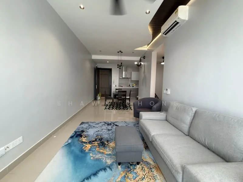 Living features: grey fabric sofa, coffee table, area rug with abstract pattern, wall-mounted TV, recessed downlights, 5-blade ceiling fan, wall-mounted split AC, light grey painted walls, tile flooring, open layout to kitchen, decorative wall feature, dining area visible in background; style: modern.