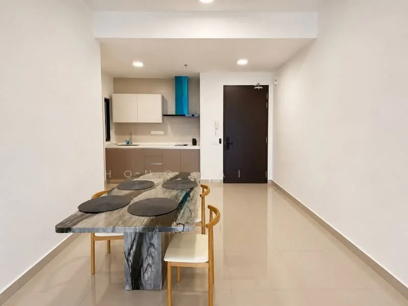Dining features: rectangular dining table with marble top, 4 wooden dining chairs, white painted walls, glossy beige floor tiles, open layout to kitchen, kitchen cabinetry visible in background, blue backsplash behind kitchen counter, recessed ceiling lights; style: modern. Kitchen features: white cabinetry, kitchen countertop, built-in kitchen appliances, blue accent wall, open layout to dining area; style: modern.