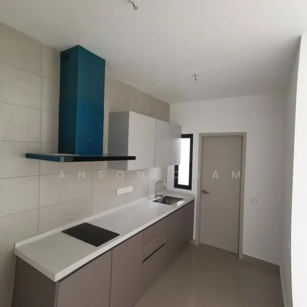 Kitchen features: white countertop, grey cabinetry, blue range hood, built-in cooktop, single-bowl stainless-steel sink, chrome pull-down faucet, tile backsplash, light-colored wall tiles, neutral flooring, window for natural light, modern cabinet handles; style: modern.