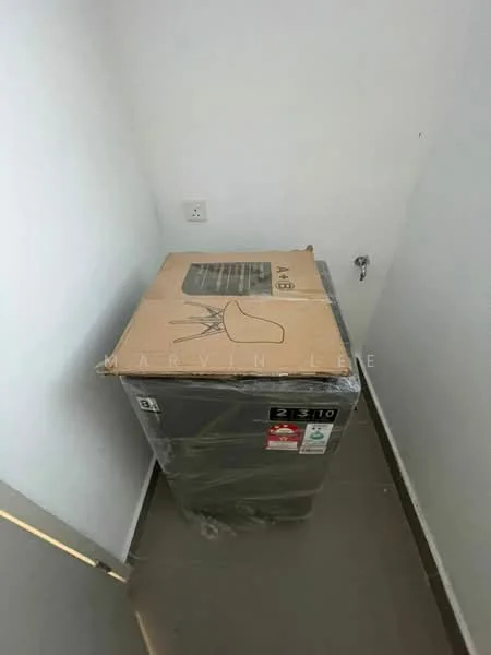 Room features: grey tiled flooring, white painted walls, washing machine in box, water supply outlet.
