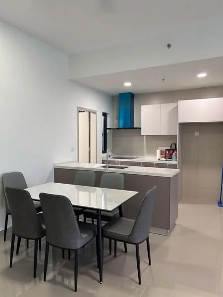Kitchen features: white painted walls, light grey cabinetry, marble countertop, stainless-steel sink, chrome pull-down faucet, built-in oven, freestanding range oven, refrigerator, pendant lighting, 6-seater dining table with marble top, grey upholstered dining chairs, tile flooring; style: modern.