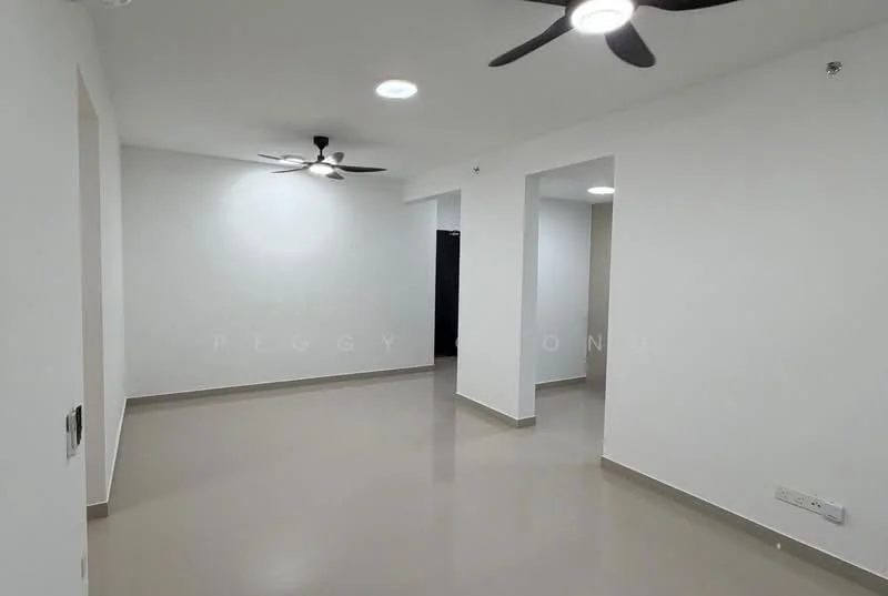 Room features: white painted walls, polished concrete flooring, 2 ceiling fans, recessed downlights, open layout, neutral color scheme, no visible furniture, multiple entry points; style: modern.