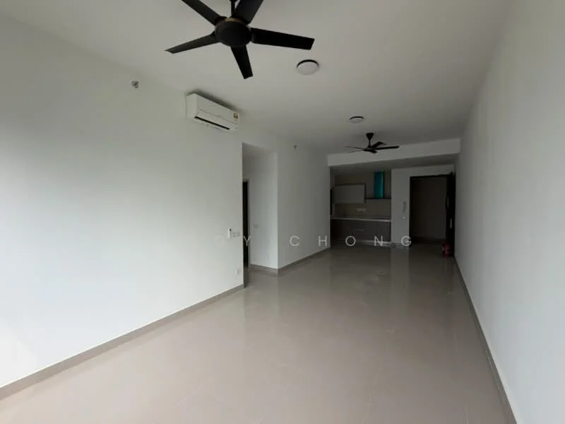Living features: white painted walls, polished ceramic tile flooring, 2 ceiling fans, 1 wall-mounted split AC, recessed downlights, open layout to kitchen, large window for natural light, neutral color scheme; style: modern.