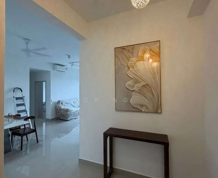 Room features: white painted walls, glossy tile flooring, ceiling fan, chandelier, decorative wall art, console table, open layout, natural light from adjacent room; style: modern.