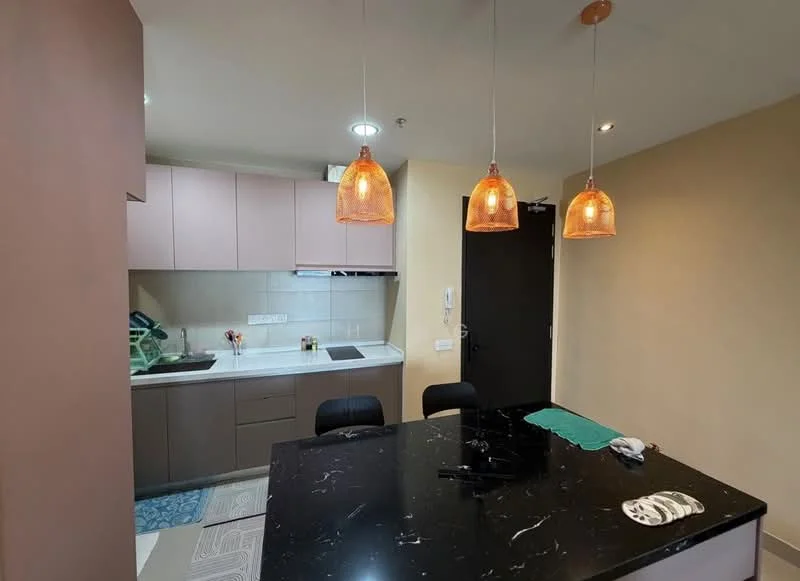 Kitchen features: grey cabinetry, white countertop, single-bowl stainless-steel sink, chrome pull-down faucet, built-in oven, 4-burner gas hob, black marble dining table, 3 pendant lights with amber shades, black dining chairs, tile flooring with decorative pattern, wall-mounted kitchen storage, recessed lighting; style: modern.