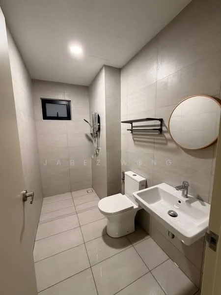 Bathroom features: grey tiled walls, white ceramic floor tiles, single-sink vanity with wall-mounted faucet, one-piece toilet, framed mirror, wall-mounted towel rack, shower with glass partition, small window, recessed ceiling lights; style: modern.
