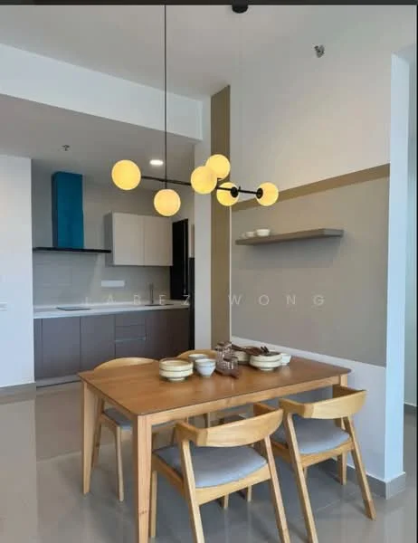 Dining features: wooden dining table, 3 wooden dining chairs, pendant light fixture with multiple bulbs, cream painted walls, grey accent wall, open kitchen layout, ceramic tile flooring, shelves on wall, decorative bowls on table; style: modern. Kitchen features: white cabinetry, grey cabinetry, blue backsplash, built-in oven, stainless-steel sink, countertop space, open shelving, refrigerator, ceramic tile flooring; style: modern.