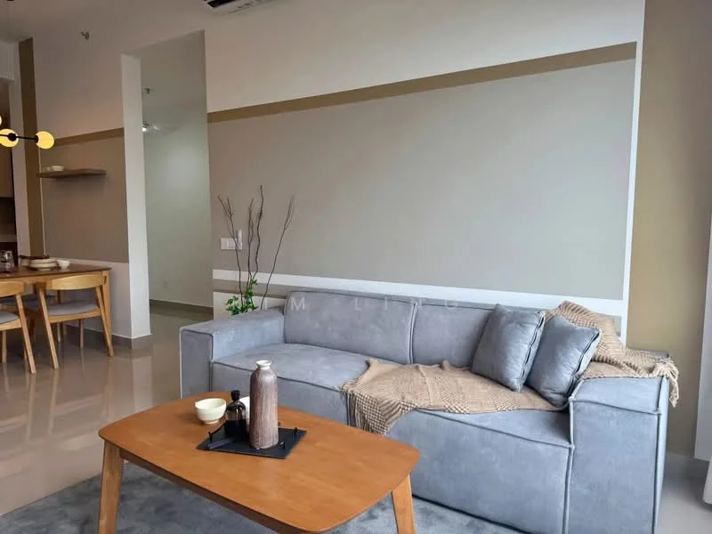Living features: grey fabric sofa, wooden coffee table, decorative throw blanket, ceramic vase, neutral painted walls, glossy tile flooring, recessed downlights, open layout, dining area visible in background; style: modern.