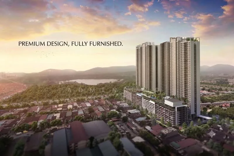Exterior type: high-rise condominium; features: glass curtain wall, projecting balconies, surrounded by mature greenery, manicured lawn, mountain view in background, urban context with nearby low-rise buildings; style: modern.