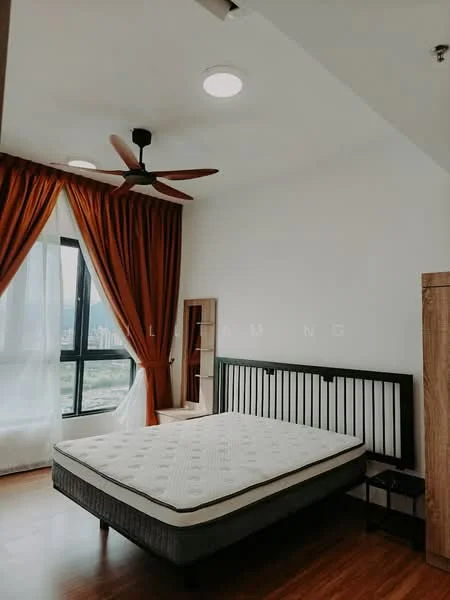 Bedroom features: queen-size bed frame, mattress, wooden flooring, floor-to-ceiling windows, sheer curtains, blackout curtains, 5-blade ceiling fan, recessed ceiling lights, wooden wardrobe, nightstand; style: modern; view: city.