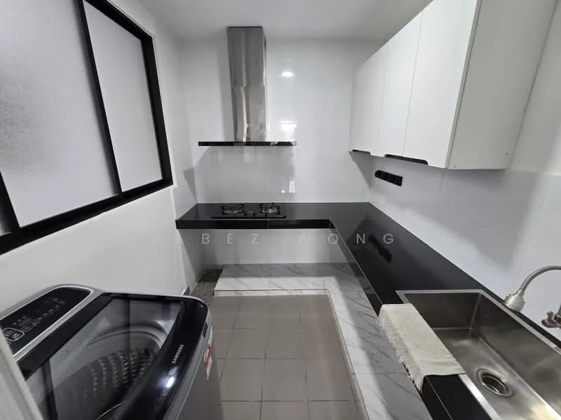 Kitchen features: black countertop, white cabinetry, stainless-steel range hood, 2-burner gas hob, single-bowl stainless-steel sink, chrome pull-down faucet, grey tile flooring, white tiled backsplash, washing machine, window with frosted glass, marble-patterned wall, under-cabinet lighting; style: modern.