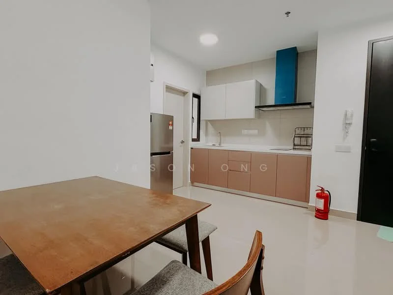 Kitchen features: white painted walls, light grey cabinetry, blue accent cabinetry, stainless-steel fridge, built-in oven, stainless-steel range hood, 4-burner gas hob, single-bowl stainless-steel sink, chrome pull-down faucet, ceramic tile flooring, recessed downlights, dining table with 4 chairs; style: modern.
