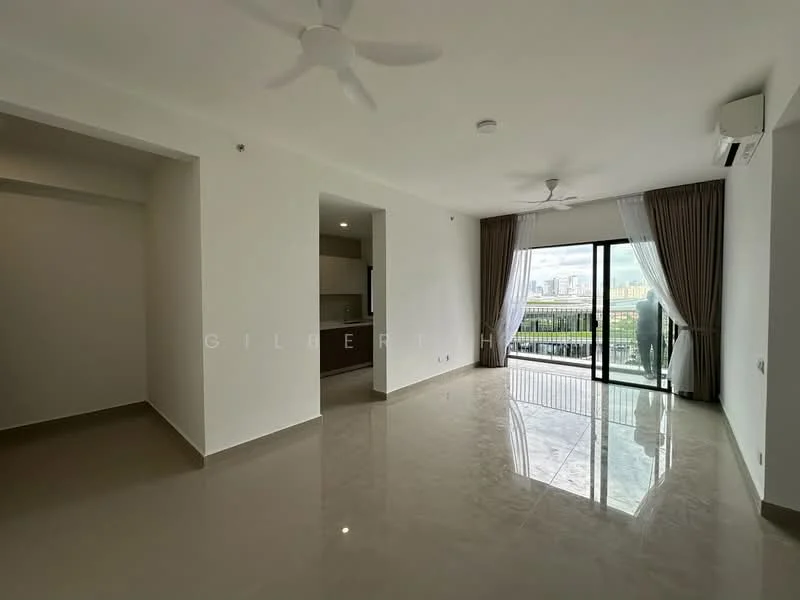 Living features: white painted walls, polished ceramic tile flooring, 5-blade ceiling fan, floor-to-ceiling windows, sliding glass door, curtains, recessed downlights; style: modern; view: city. Room features: white painted walls, polished ceramic tile flooring, 5-blade ceiling fan, recessed downlights.