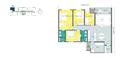 Floor plan: 3-bedroom 2-bathroom unit; features: open-plan kitchen-dining-living, master bedroom with ensuite bathroom, bedroom 2 with shared bathroom, utility room, balcony off living room, central foyer, 1 car porch, 1,200 sqft built-up.
