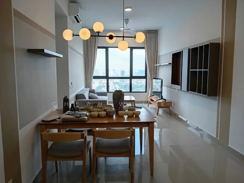 Living features: floor-to-ceiling windows, light grey painted walls, white ceiling, recessed downlights, modern pendant light fixture, 3-seater wooden dining table, 4 wooden dining chairs, TV console, wall-mounted TV, decorative items on table, open shelving unit, polished tile flooring, city view from windows; style: modern; view: city.