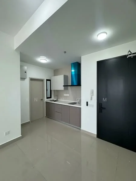 Kitchen features: white cabinets, grey lower cabinets, blue upper cabinets, stainless-steel sink, single-bowl stainless-steel sink, built-in stove, wall-mounted extractor hood, white countertop, ceramic tile flooring, recessed ceiling lights, wall-mounted air conditioning unit, door leading to hallway; style: modern.