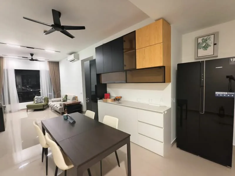 Kitchen features: black cabinetry with glass fronts, wooden upper cabinets, white lower cabinets, stainless-steel fridge, built-in oven, 4-burner gas hob, single-bowl stainless-steel sink, chrome pull-down faucet, marble countertop, recessed downlights, wall-mounted split AC, tile flooring, open shelving, decorative wall art; style: modern; view: city. Living features: 3-seater fabric sofa in green, coffee table, TV console, wall-mounted TV, area rug, floor-to-ceiling windows, curtains, ceiling fan; style: modern; view: city.