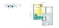 Floor plan: 2-bedroom 1-bathroom unit; features: open-plan kitchen-dining-living, master bedroom with window, bedroom 2 with window, shared bathroom, utility room, balcony off living room, central foyer, 1 car porch.