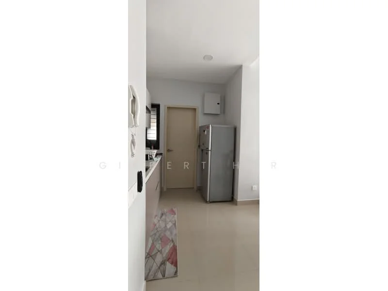 Kitchen features: white painted walls, light-colored tile flooring, built-in kitchen cabinetry, stainless-steel fridge, single-bowl stainless-steel sink, chrome pull-down faucet, countertop with space for appliances, window for natural light, recessed ceiling lights; style: modern.